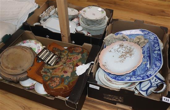 A mixed quantity of porcelain and pottery including Doulton, Crown Derby, etc, a Japanese hardwood stand & a needlework bag